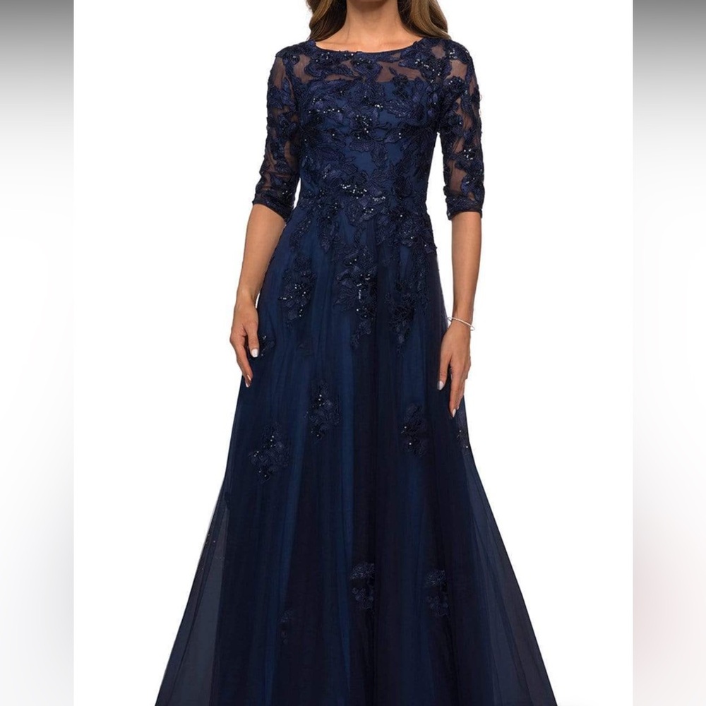 Floral beaded lace A-line tulle navy gown
